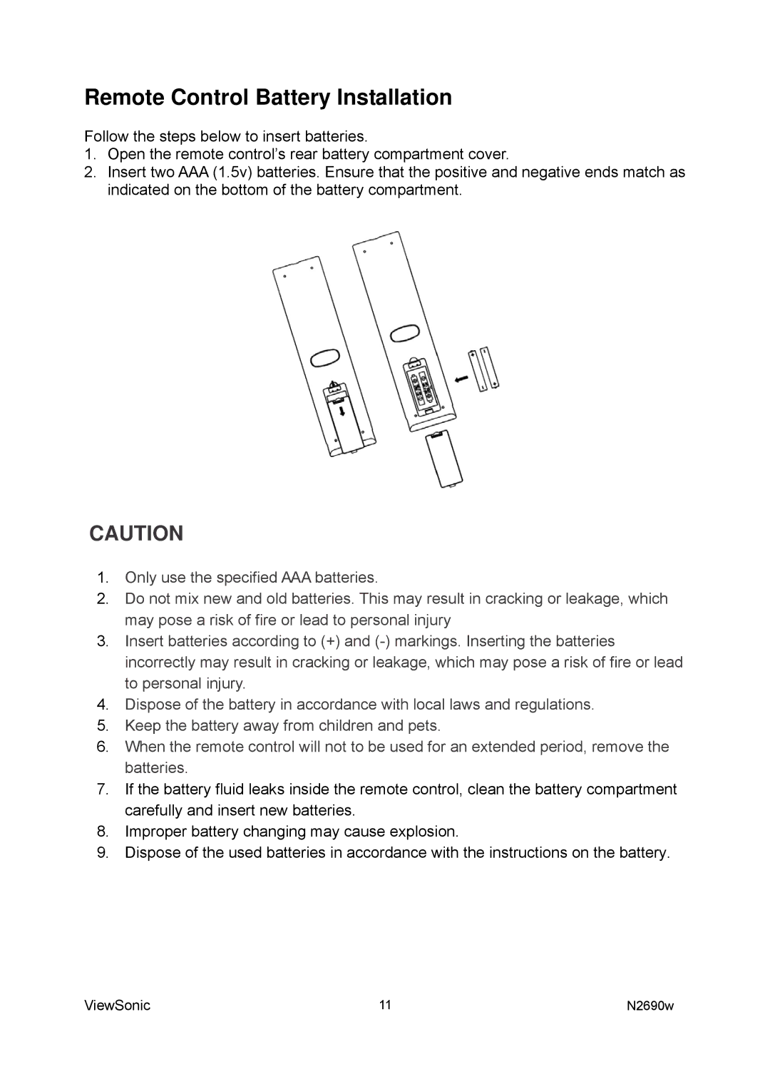 ViewSonic VS12276-1G manual Remote Control Battery Installation 