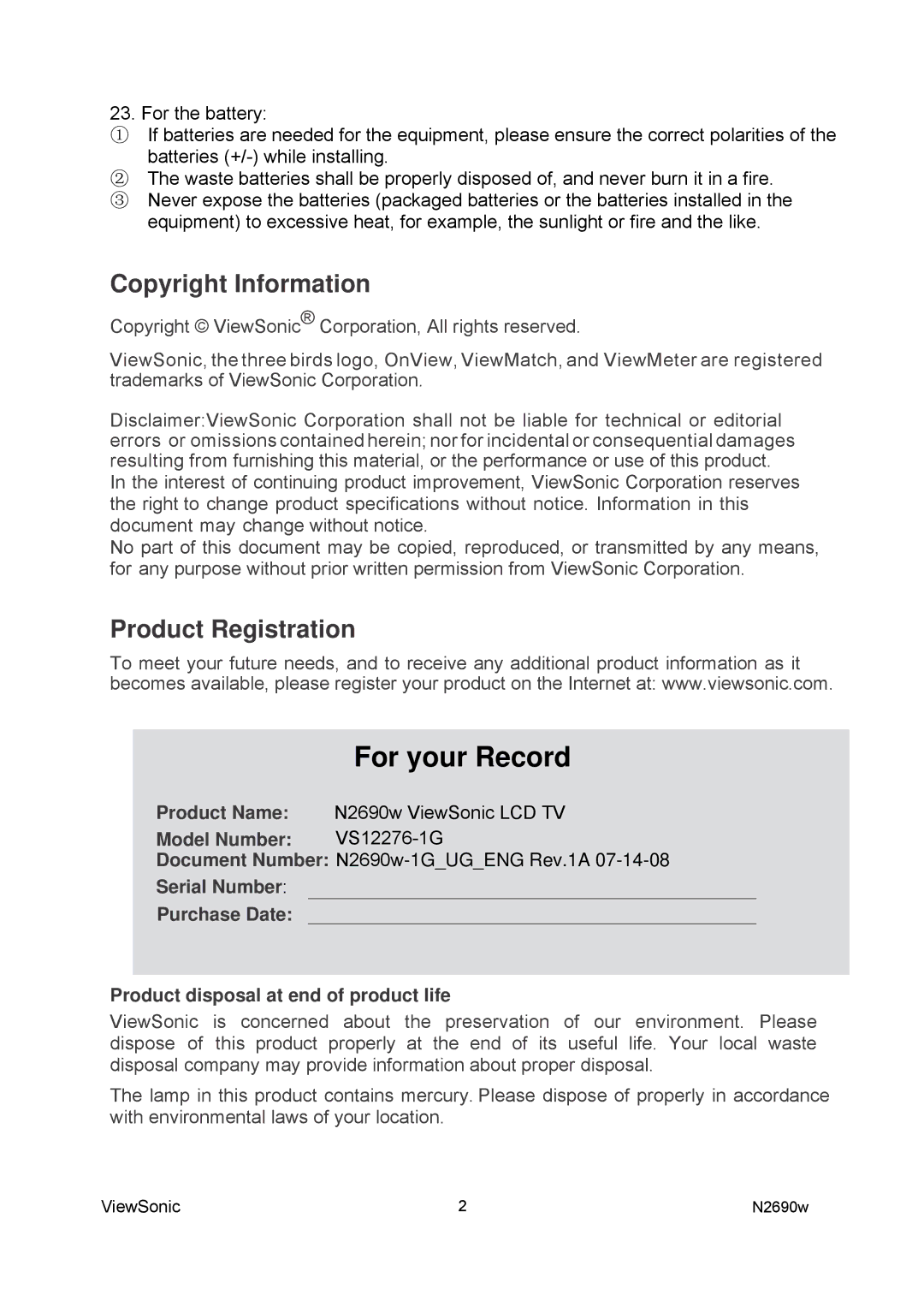 ViewSonic VS12276-1G manual Copyright Information, Product Registration 