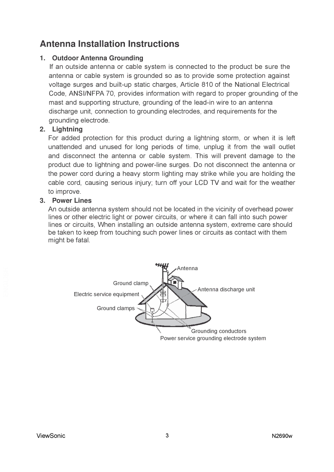 ViewSonic VS12276-1G manual Antenna Installation Instructions, Outdoor Antenna Grounding 