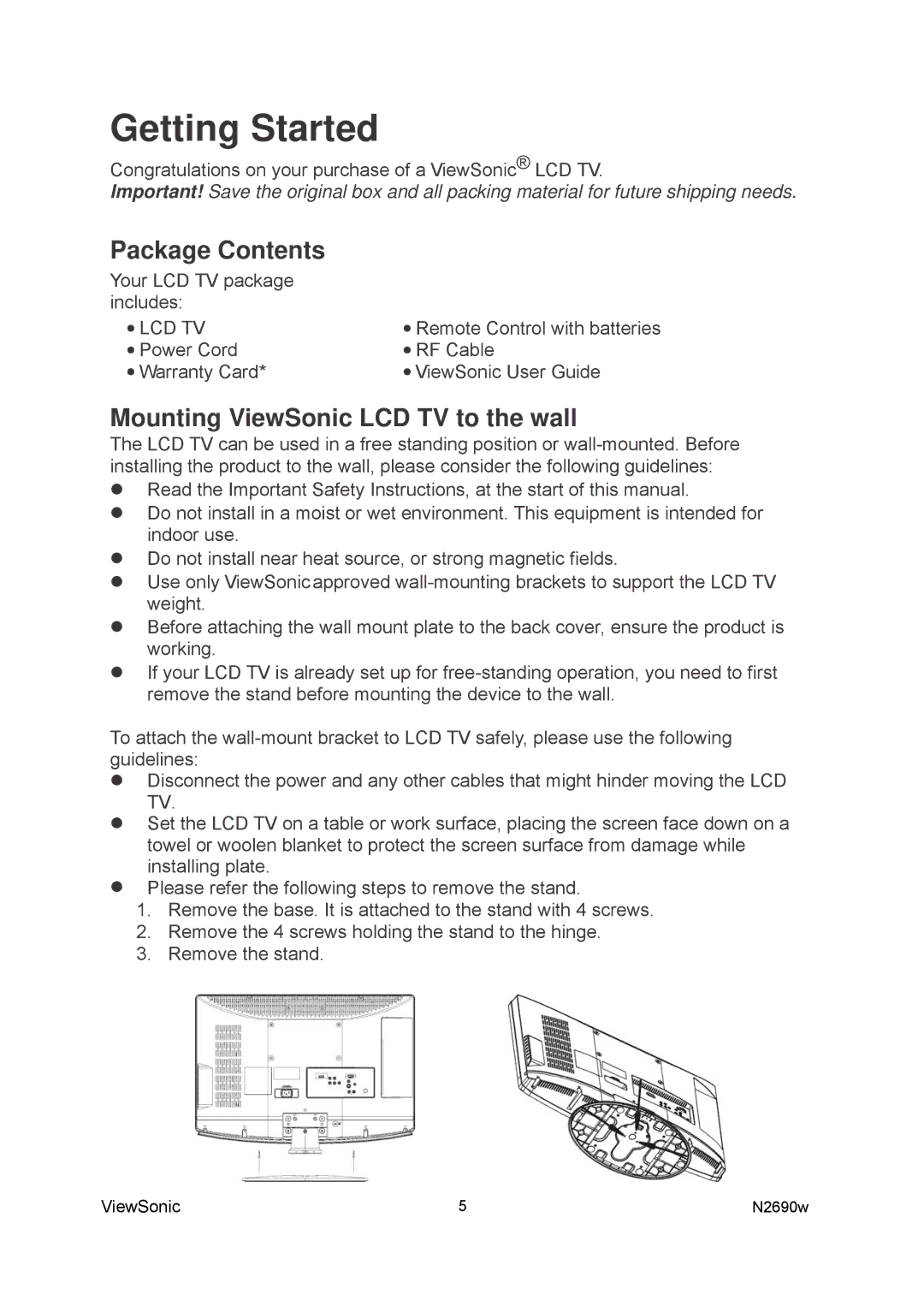 ViewSonic VS12276-1G manual Package Contents, Mounting ViewSonic LCD TV to the wall 