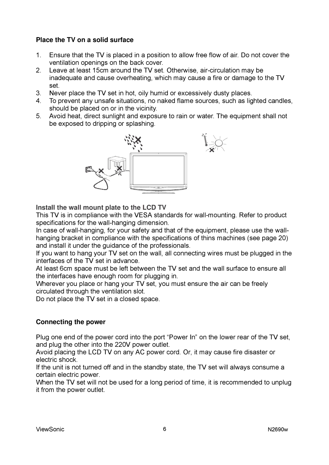 ViewSonic VS12276-1G manual Place the TV on a solid surface, Connecting the power 