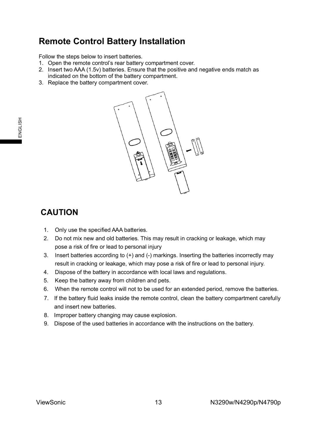 ViewSonic VS12277-1G, VS12279-1G, VS12278-1G manual Remote Control Battery Installation 