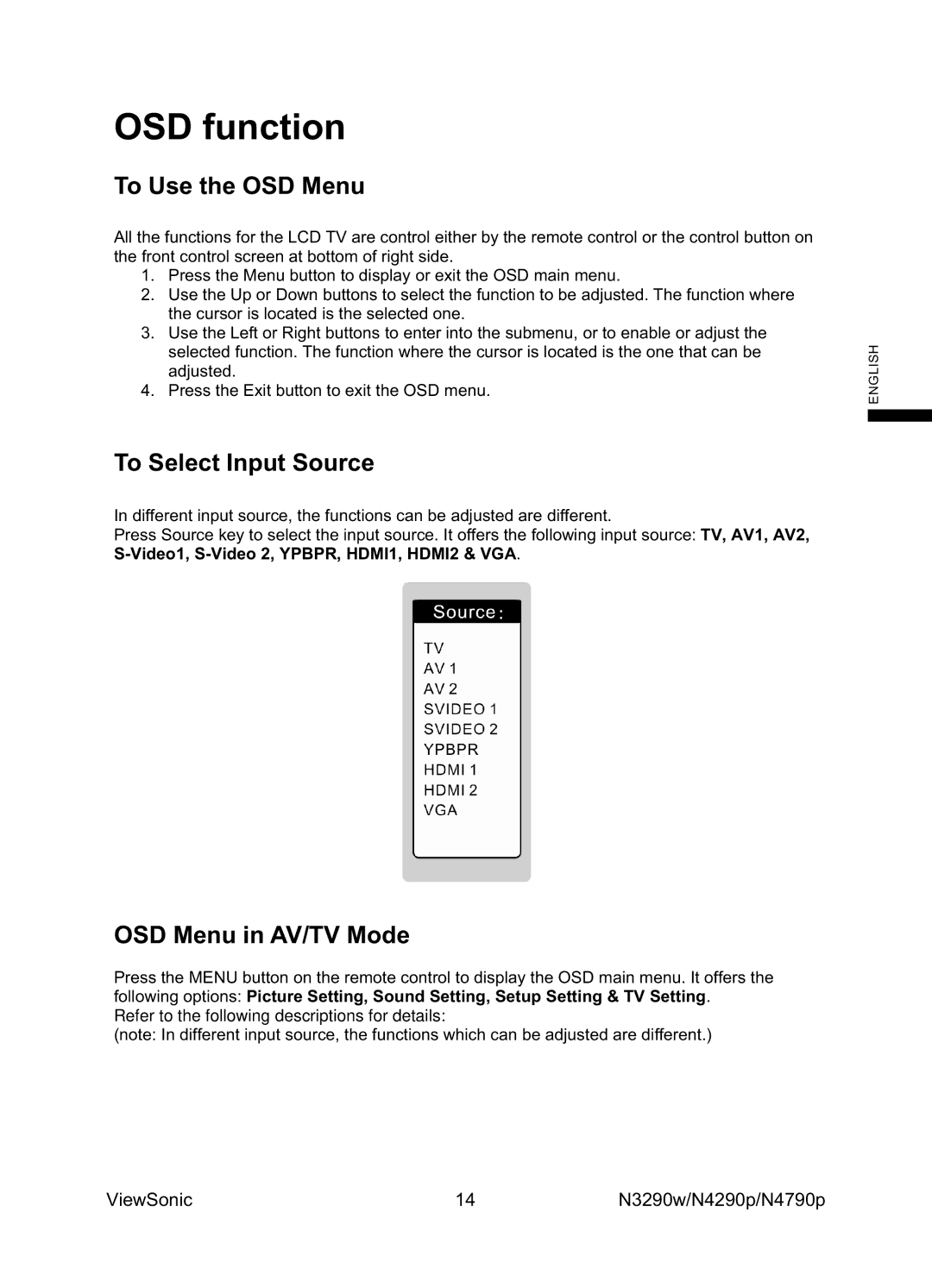 ViewSonic VS12279-1G, VS12277-1G, VS12278-1G manual To Use the OSD Menu, To Select Input Source, OSD Menu in AV/TV Mode 