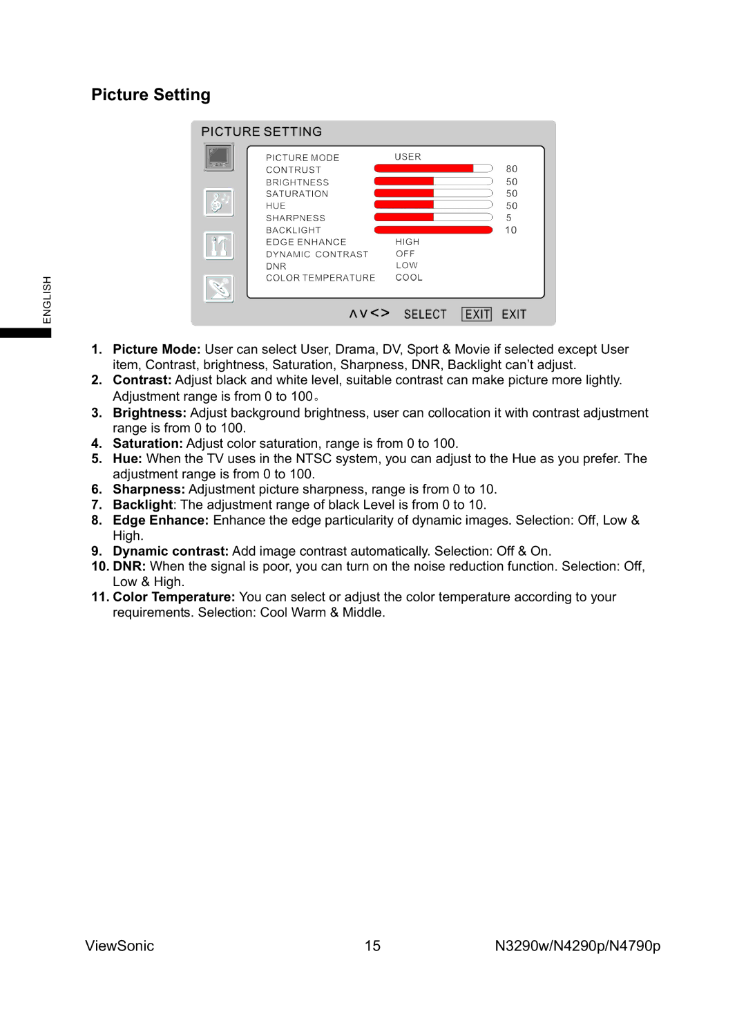 ViewSonic VS12278-1G, VS12277-1G, VS12279-1G manual Picture Setting 