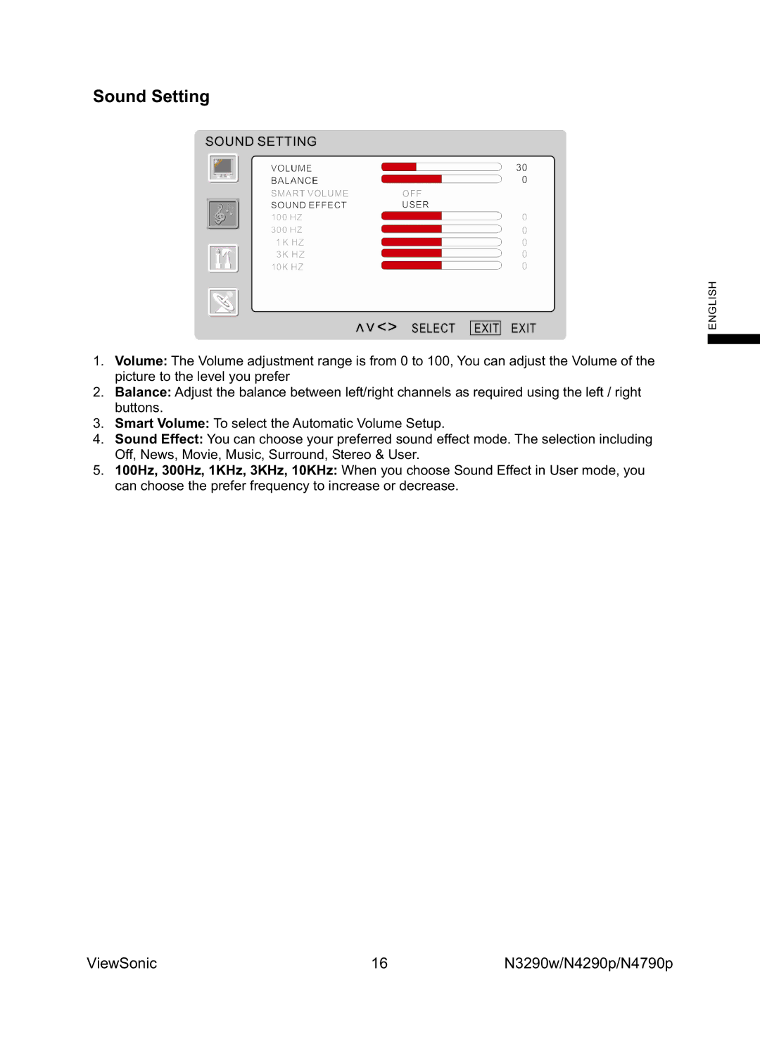 ViewSonic VS12277-1G, VS12279-1G, VS12278-1G manual Sound Setting 