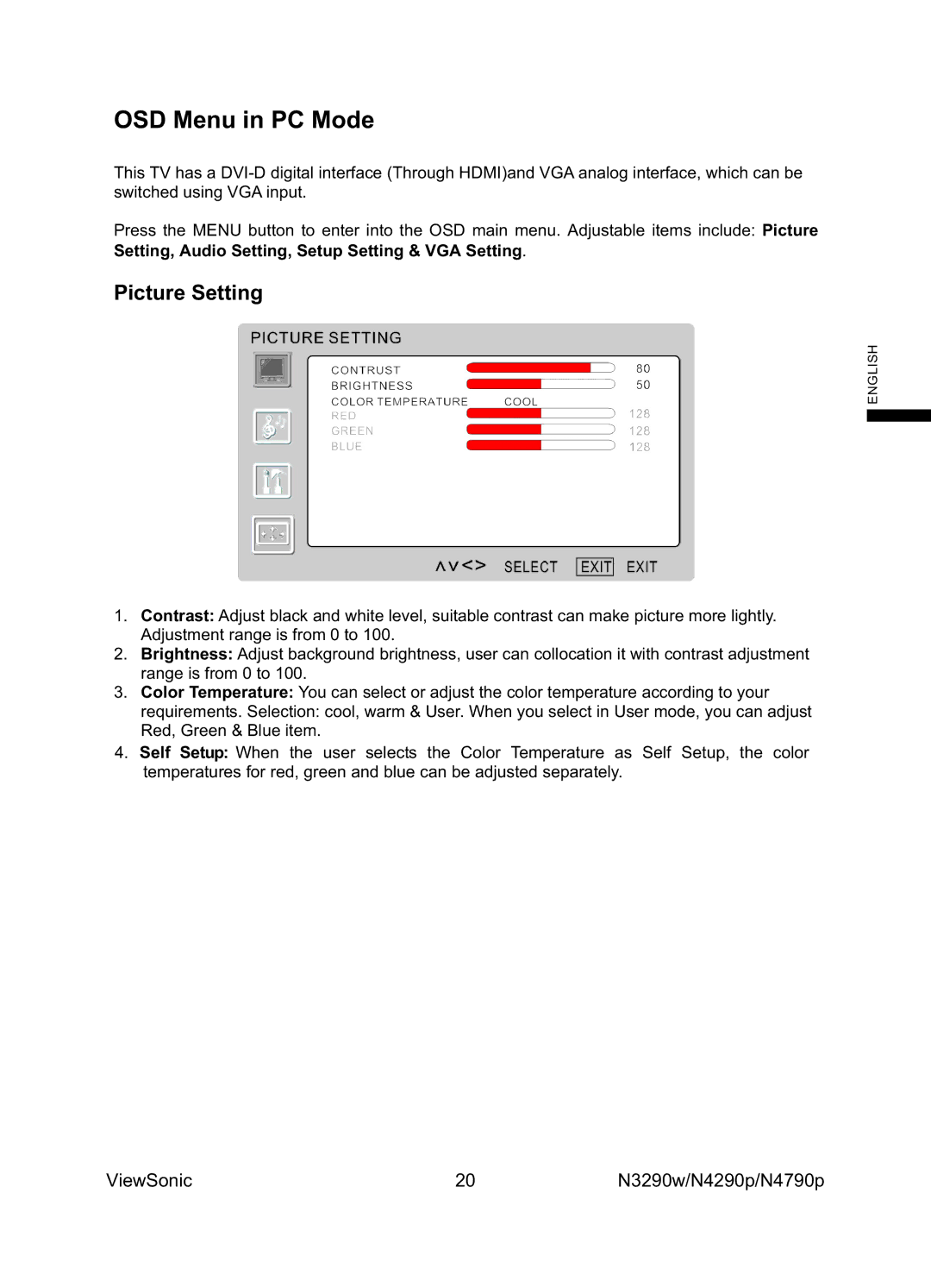 ViewSonic VS12279-1G, VS12277-1G, VS12278-1G manual OSD Menu in PC Mode, Picture Setting 