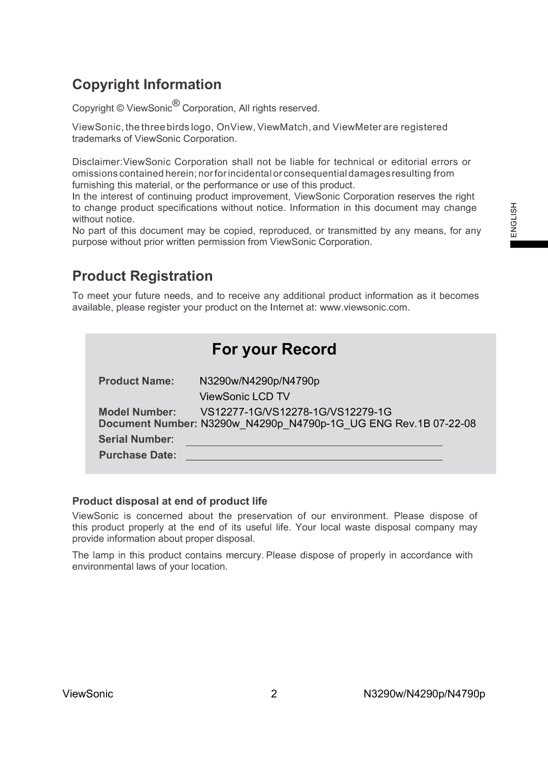 ViewSonic VS12279-1G, VS12277-1G, VS12278-1G manual Copyright Information, Product Registration 