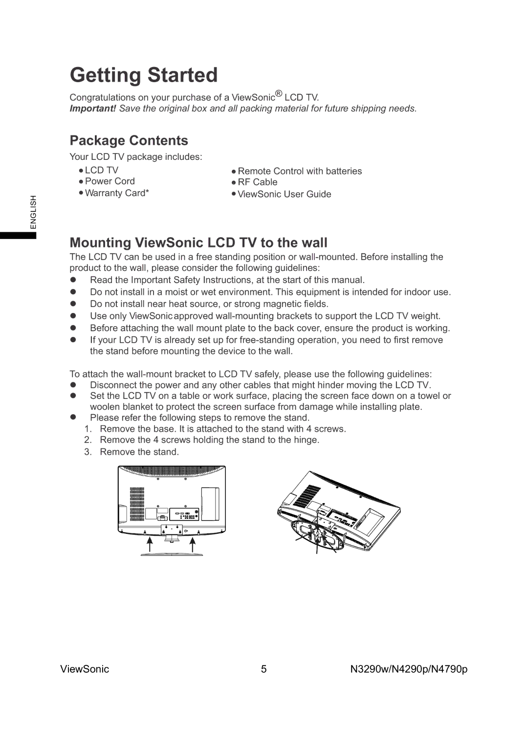 ViewSonic VS12279-1G, VS12277-1G, VS12278-1G manual Package Contents, Mounting ViewSonic LCD TV to the wall 