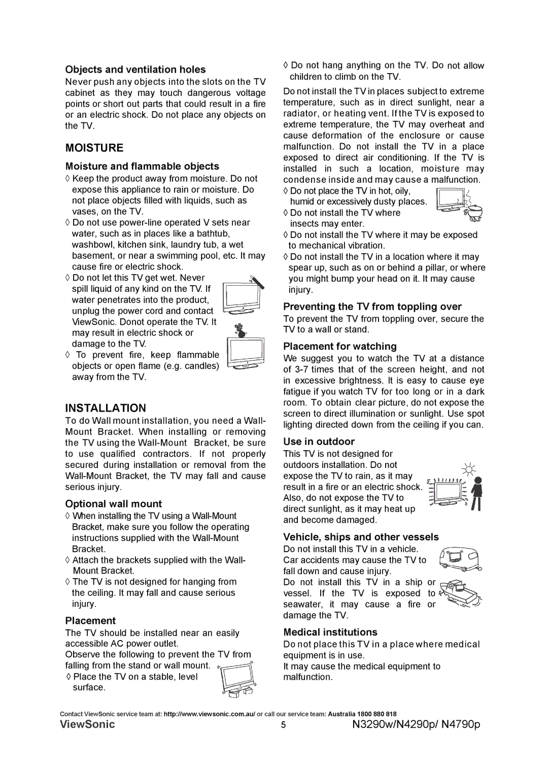 ViewSonic VS12281-1A, VS12280-1A, VS12282-1A manual Moisture, Installation 