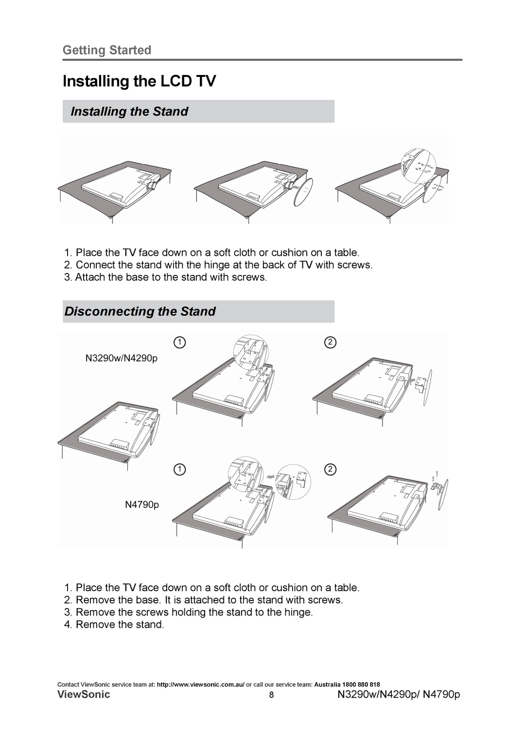 ViewSonic VS12281-1A, VS12280-1A, VS12282-1A manual Installing the LCD TV, Installing the Stand, Disconnecting the Stand 