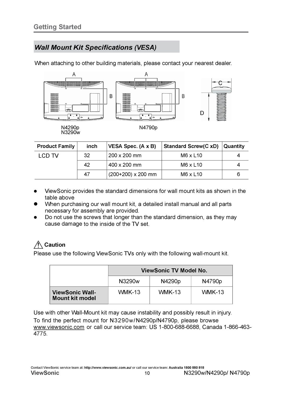 ViewSonic VS12280-1A, VS12281-1A, VS12282-1A Wall Mount Kit Speciﬁcations Vesa, ViewSonic Wall, Mount kit model, Quantity 