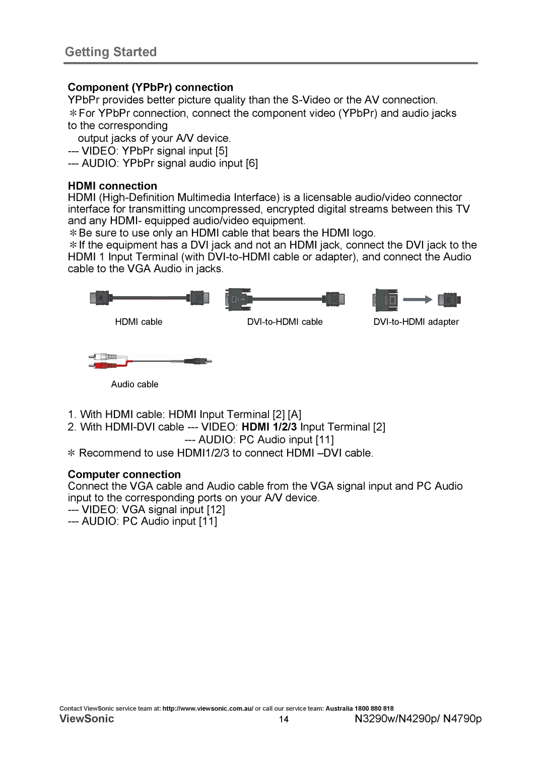 ViewSonic VS12281-1A, VS12280-1A, VS12282-1A manual Component YPbPr connection, Hdmi connection, Computer connection 