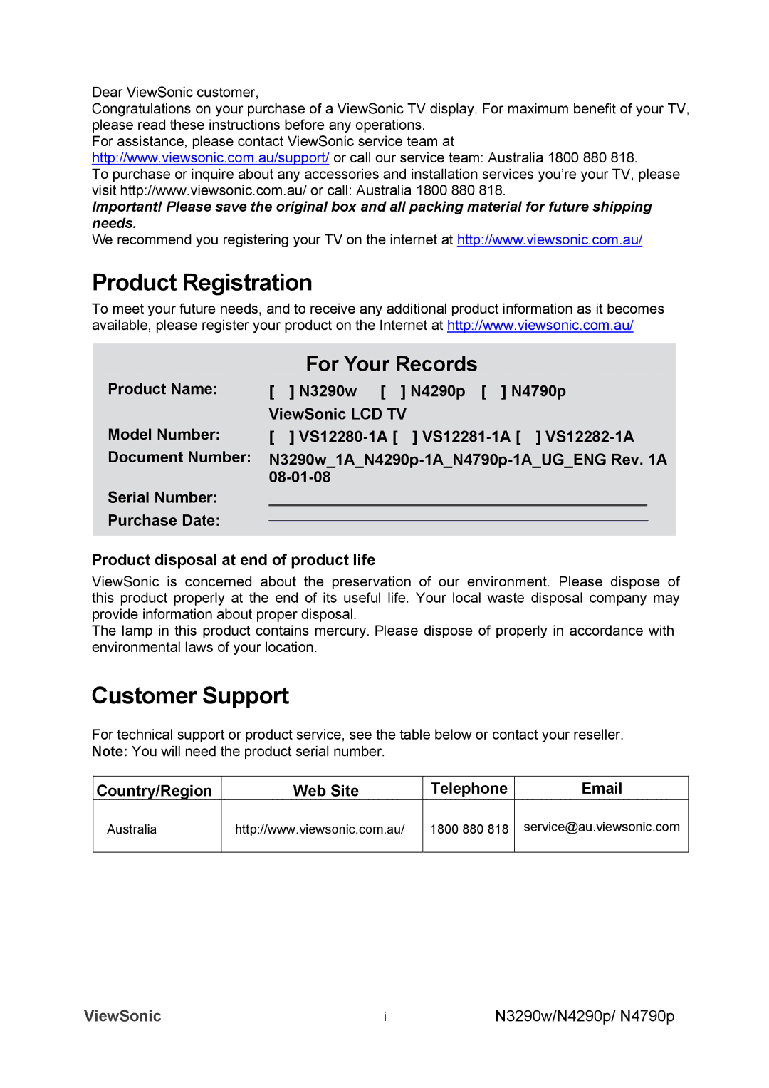 ViewSonic VS12282-1A, VS12280-1A, VS12281-1A manual Product Registration, Customer Support, Country/Region Web Site Telephone 