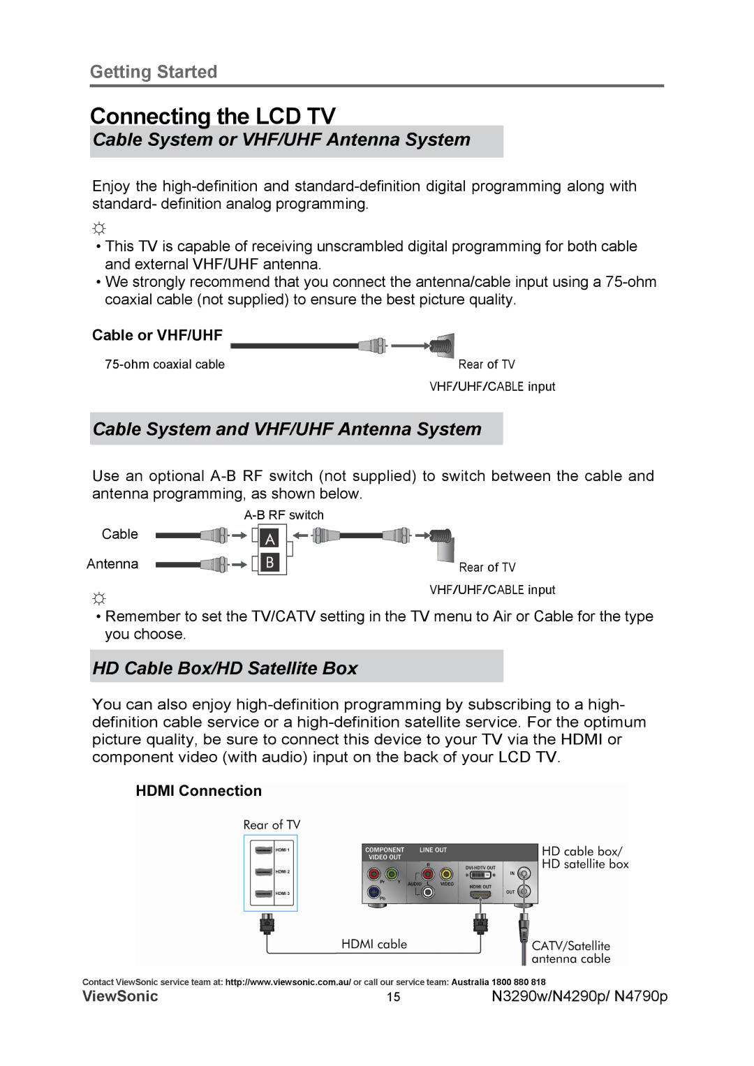 ViewSonic VS12282-1A manual Connecting the LCD TV, Cable System or VHF/UHF Antenna System, HD Cable Box/HD Satellite Box 