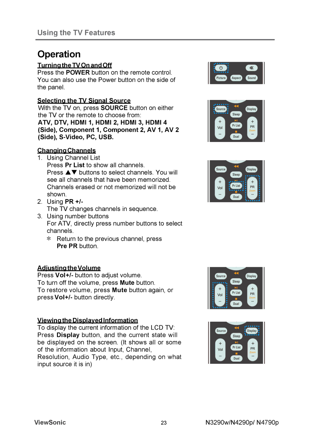 ViewSonic VS12281-1A manual Operation, Turning the TV On and Off, Selecting the TV Signal Source, Adjusting the Volume 