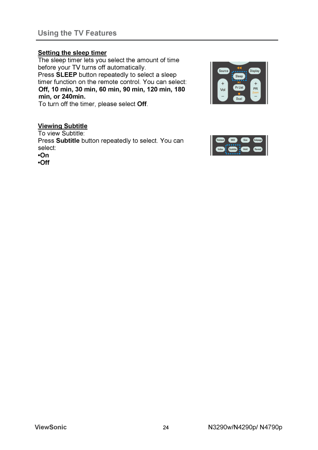 ViewSonic VS12282-1A, VS12280-1A, VS12281-1A manual Setting the sleep timer, Viewing Subtitle, Off 