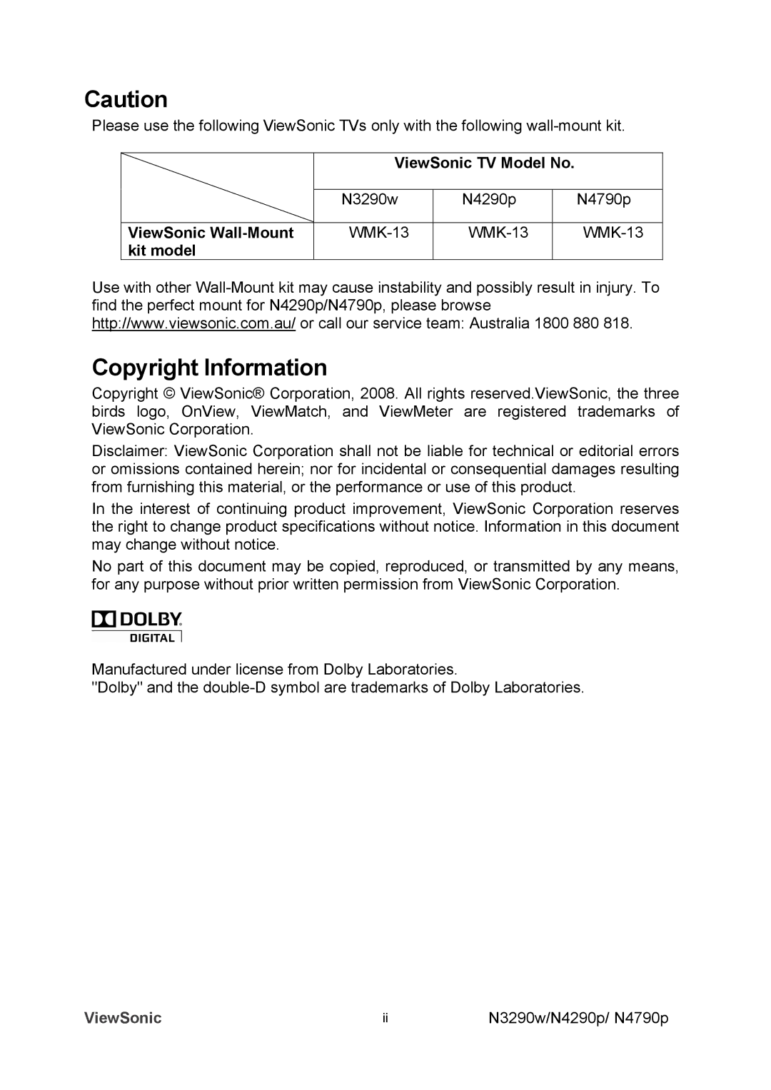 ViewSonic VS12280-1A, VS12281-1A, VS12282-1A Copyright Information, ViewSonic TV Model No, ViewSonic Wall-Mount, Kit model 