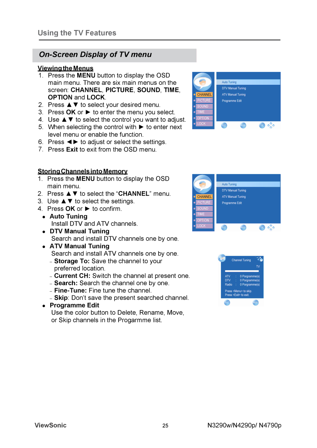 ViewSonic VS12280-1A, VS12281-1A, VS12282-1A manual On-Screen Display of TV menu 