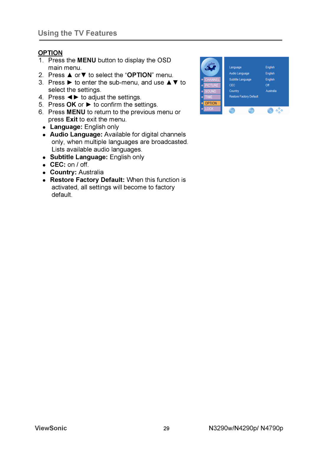 ViewSonic VS12281-1A, VS12280-1A, VS12282-1A manual Option, Subtitle Language English only, Country Australia 