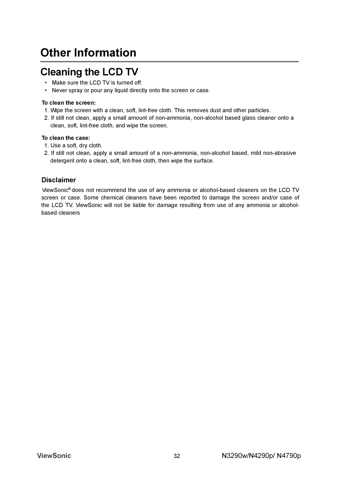 ViewSonic VS12281-1A, VS12280-1A, VS12282-1A manual Cleaning the LCD TV, Disclaimer 