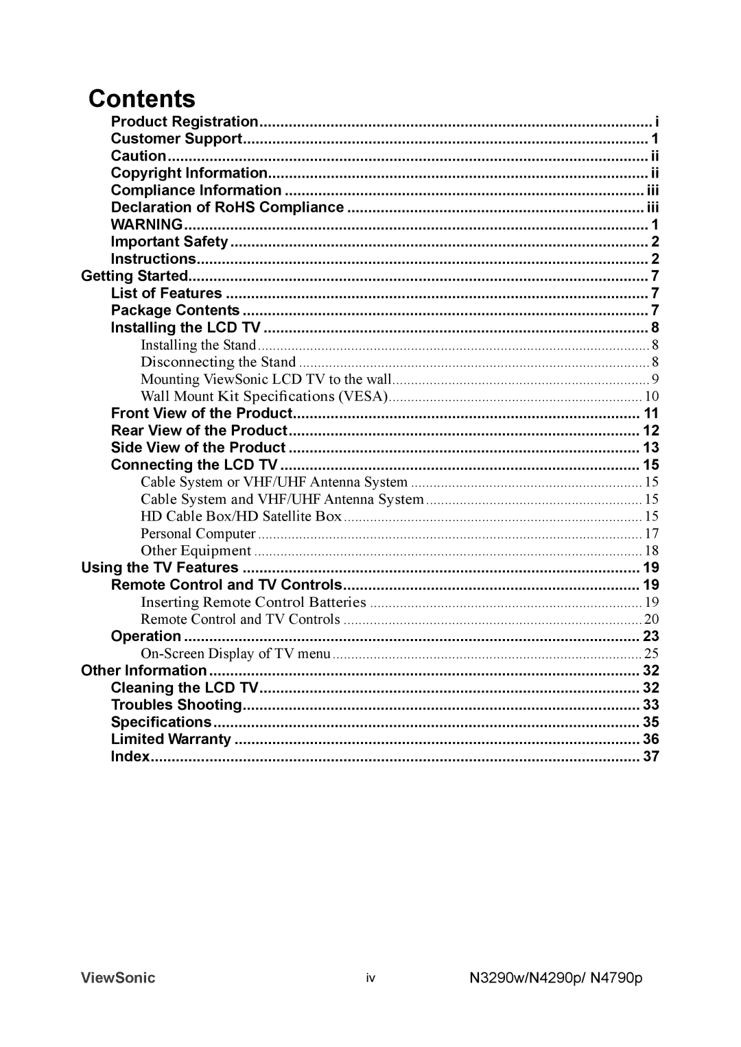 ViewSonic VS12282-1A, VS12280-1A, VS12281-1A manual Contents 