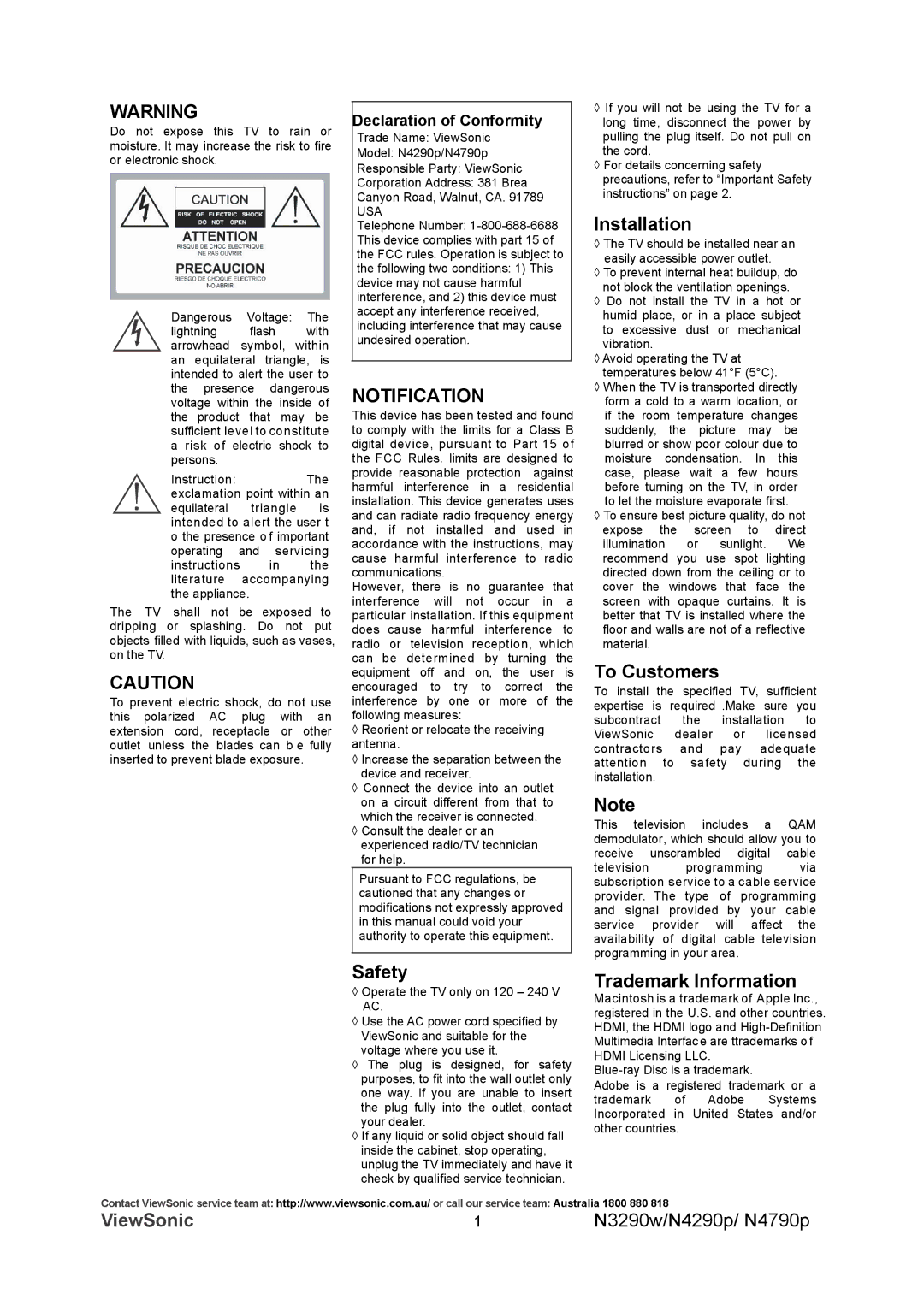 ViewSonic VS12280-1A, VS12281-1A, VS12282-1A manual Installation, Notification, To Customers, Safety Trademark Information 