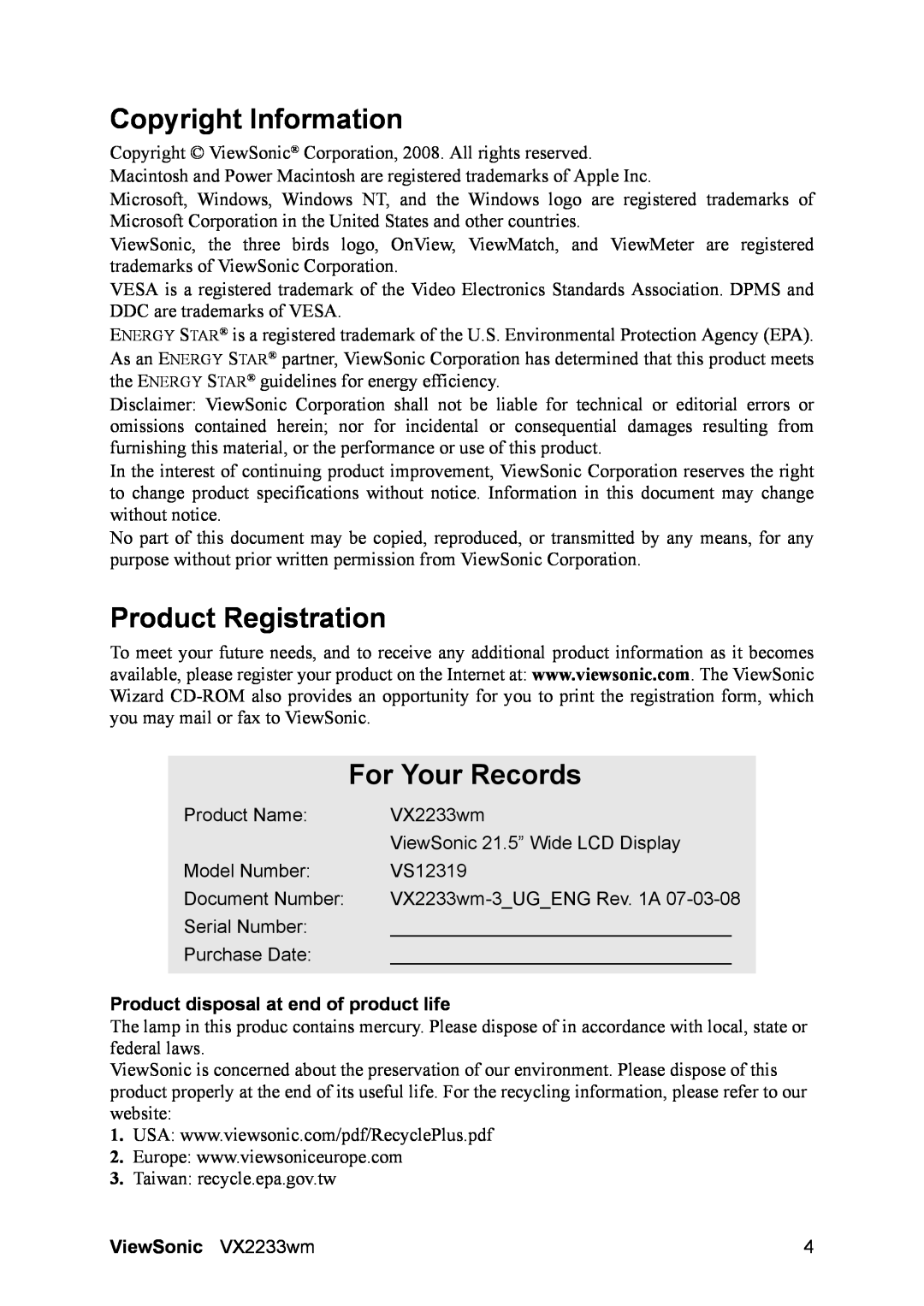 ViewSonic VS12319 Copyright Information, Product Registration, For Your Records, Product disposal at end of product life 
