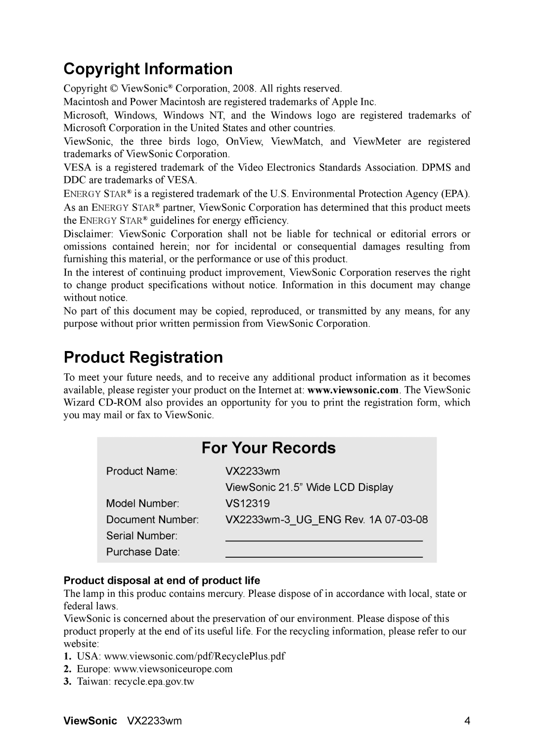 ViewSonic VS12319 Copyright Information, Product Registration For Your Records, Product disposal at end of product life 