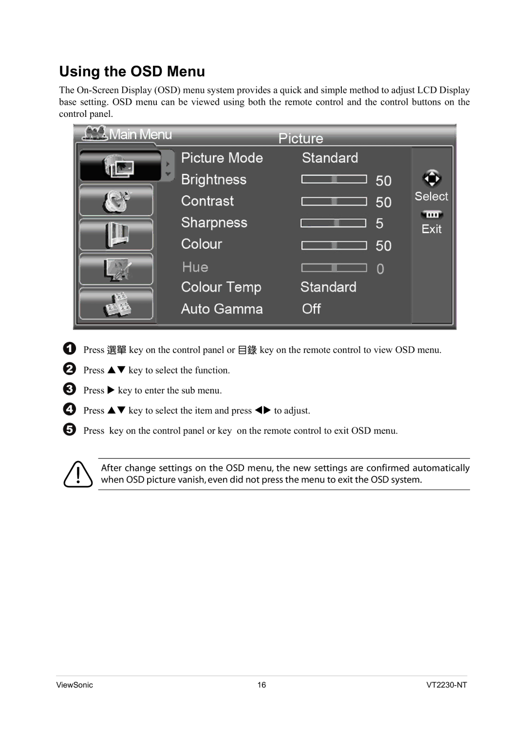 ViewSonic VS12400 manual Using the OSD Menu 