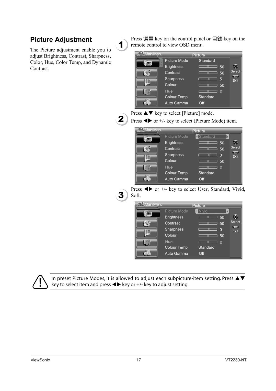 ViewSonic VS12400 manual Picture Adjustment 