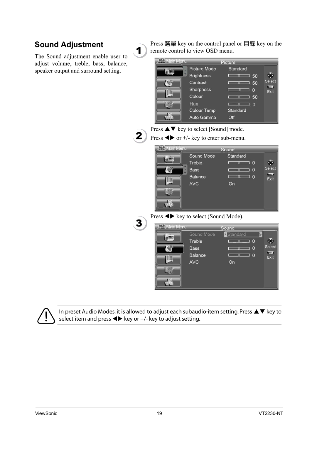 ViewSonic VS12400 manual Sound Adjustment 