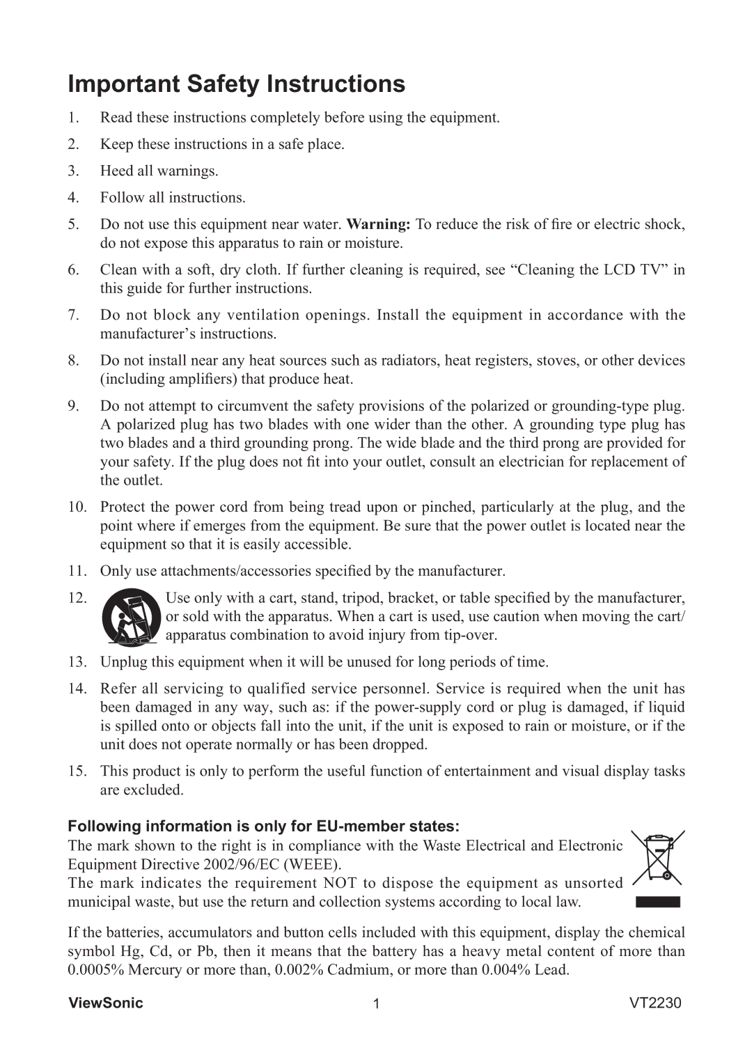 ViewSonic VS12400 manual Important Safety Instructions 