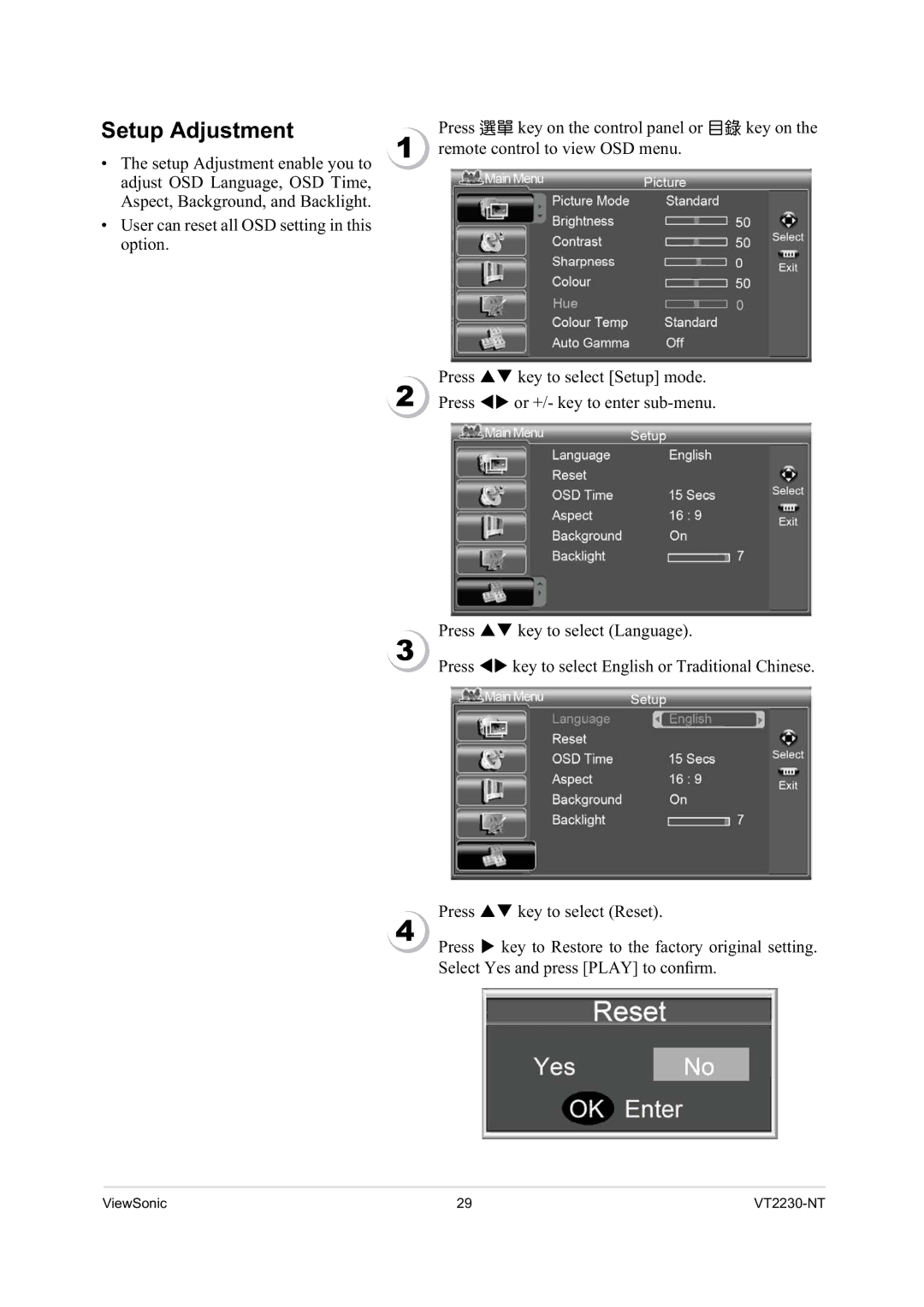 ViewSonic VS12400 manual Setup Adjustment 