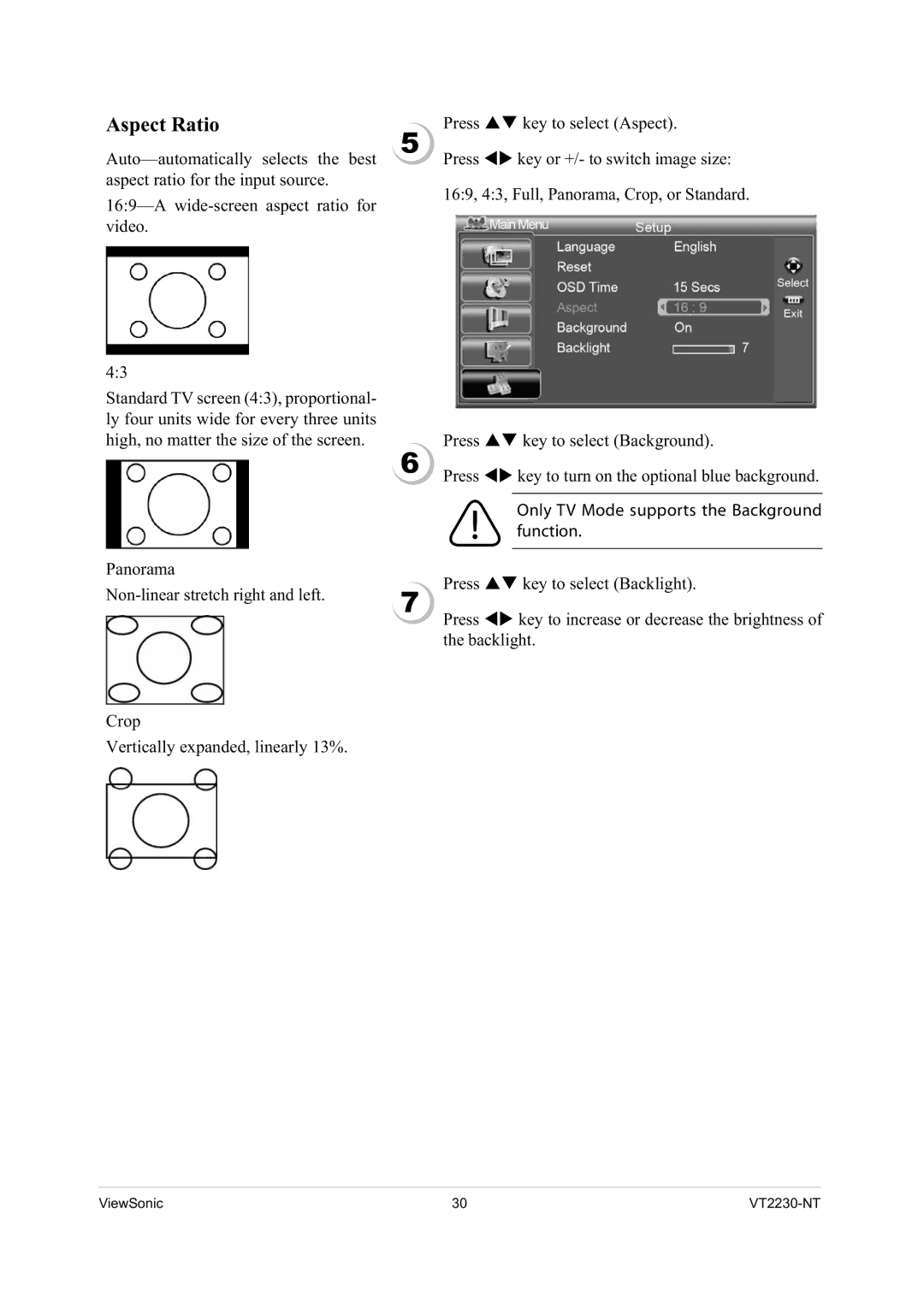 ViewSonic VS12400 manual Aspect Ratio, Only TV Mode supports the Background function 