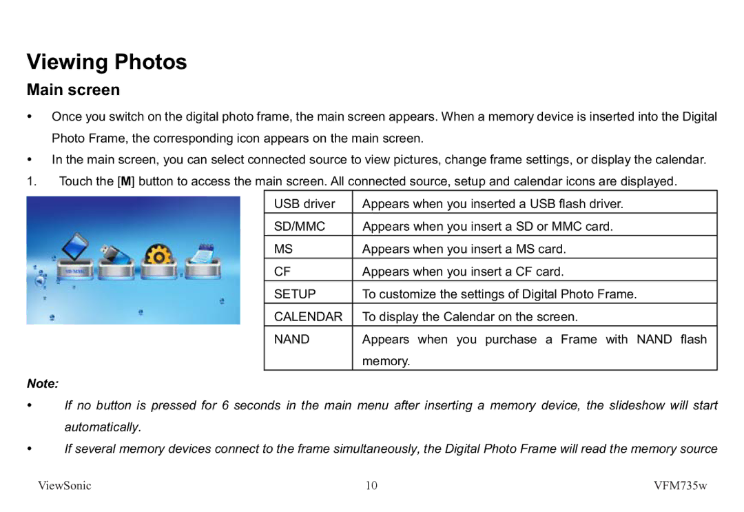 ViewSonic VS12403 manual Viewing Photos, Main screen 