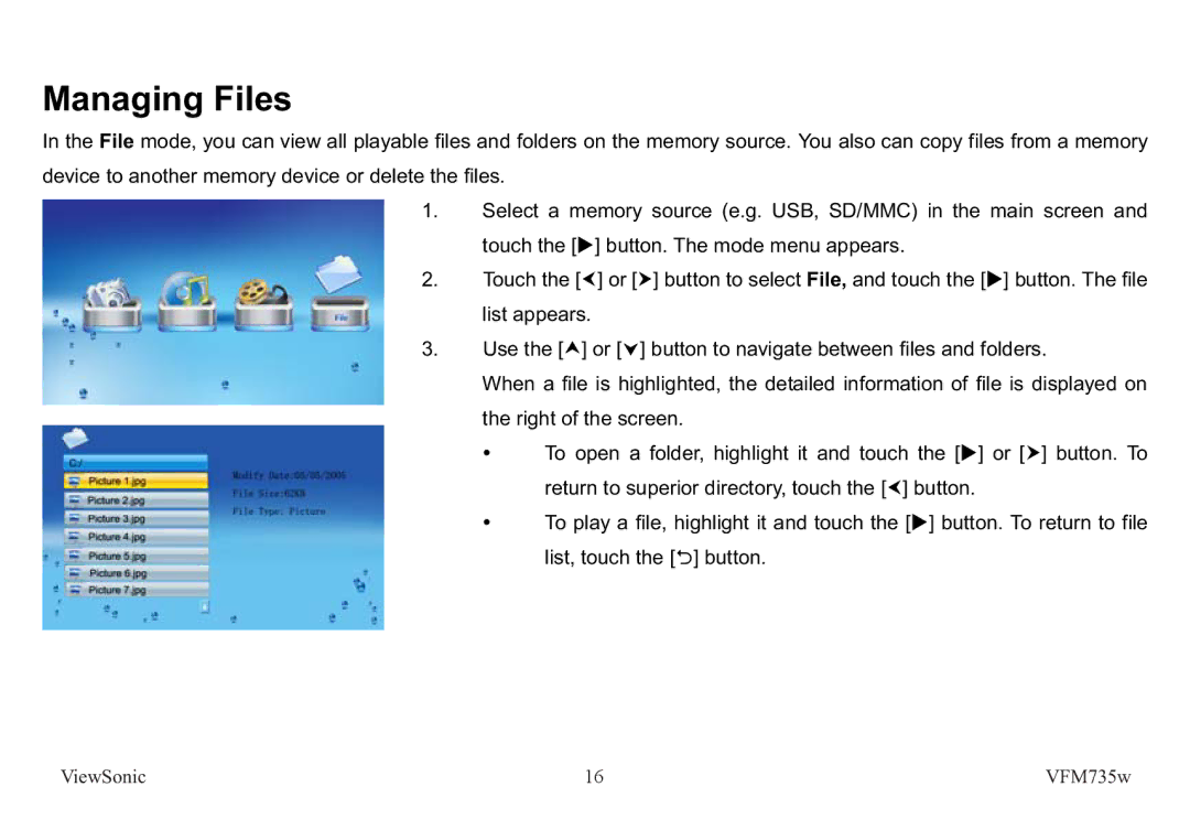 ViewSonic VS12403 manual Managing Files 