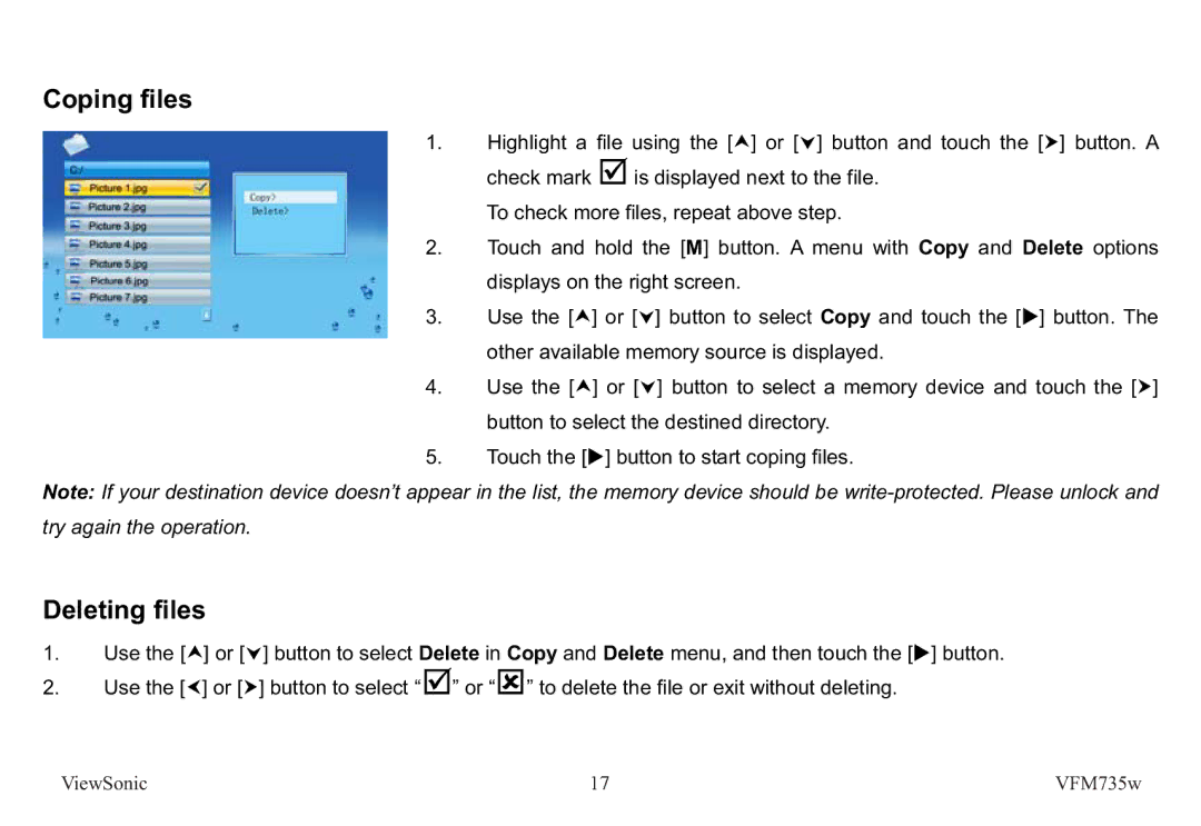 ViewSonic VS12403 manual Coping files, Deleting files 