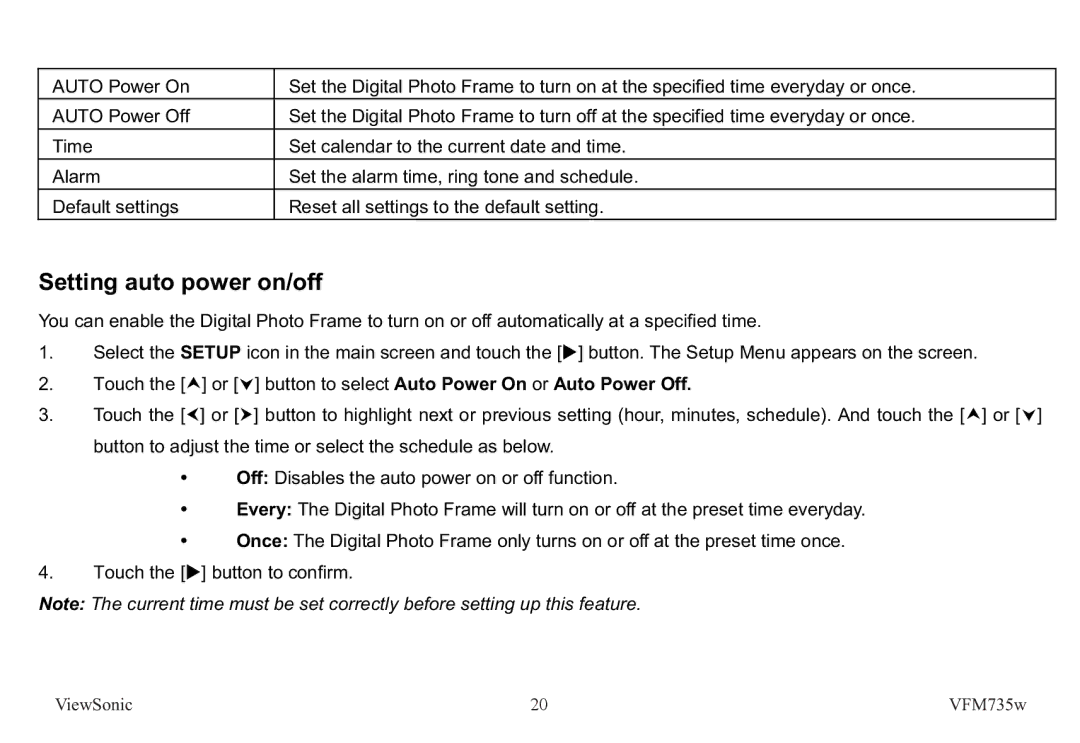 ViewSonic VS12403 manual Setting auto power on/off 