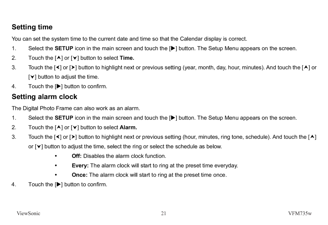 ViewSonic VS12403 manual Setting time, Setting alarm clock 