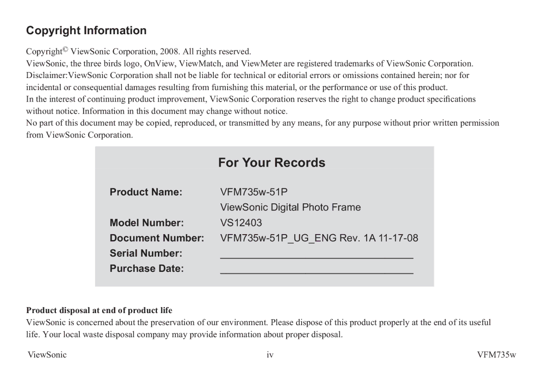 ViewSonic VS12403 manual Copyright Information, Copyright ViewSonic Corporation, 2008. All rights reserved 