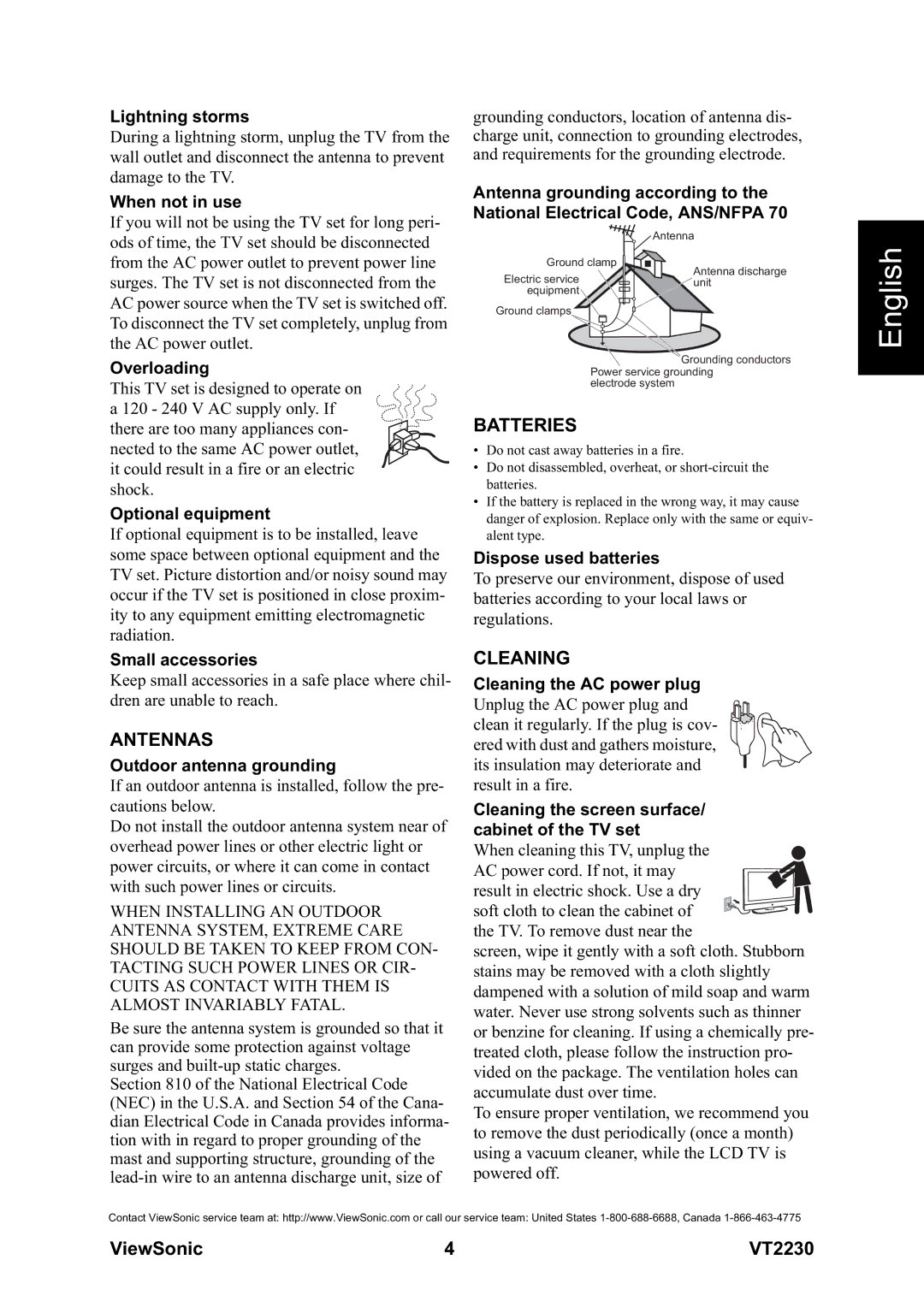 ViewSonic VS12413 warranty Antennas, Batteries, Cleaning 