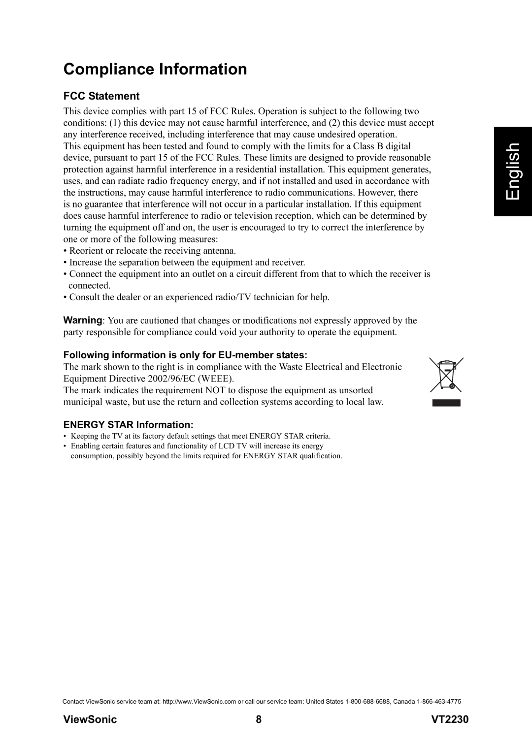 ViewSonic VS12413 warranty Compliance Information, FCC Statement, Following information is only for EU-member states 