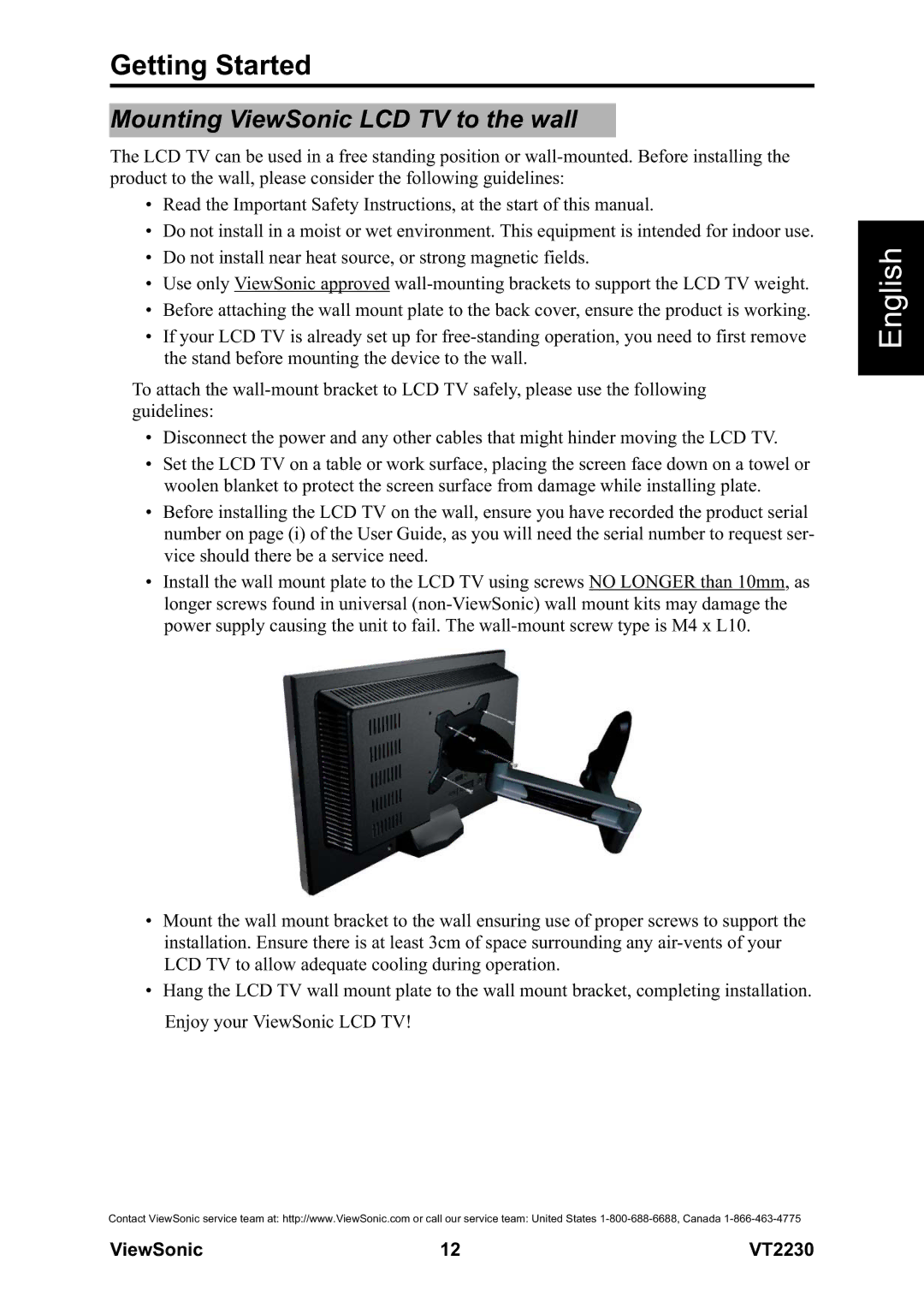 ViewSonic VS12413 warranty Getting Started, Mounting ViewSonic LCD TV to the wall 