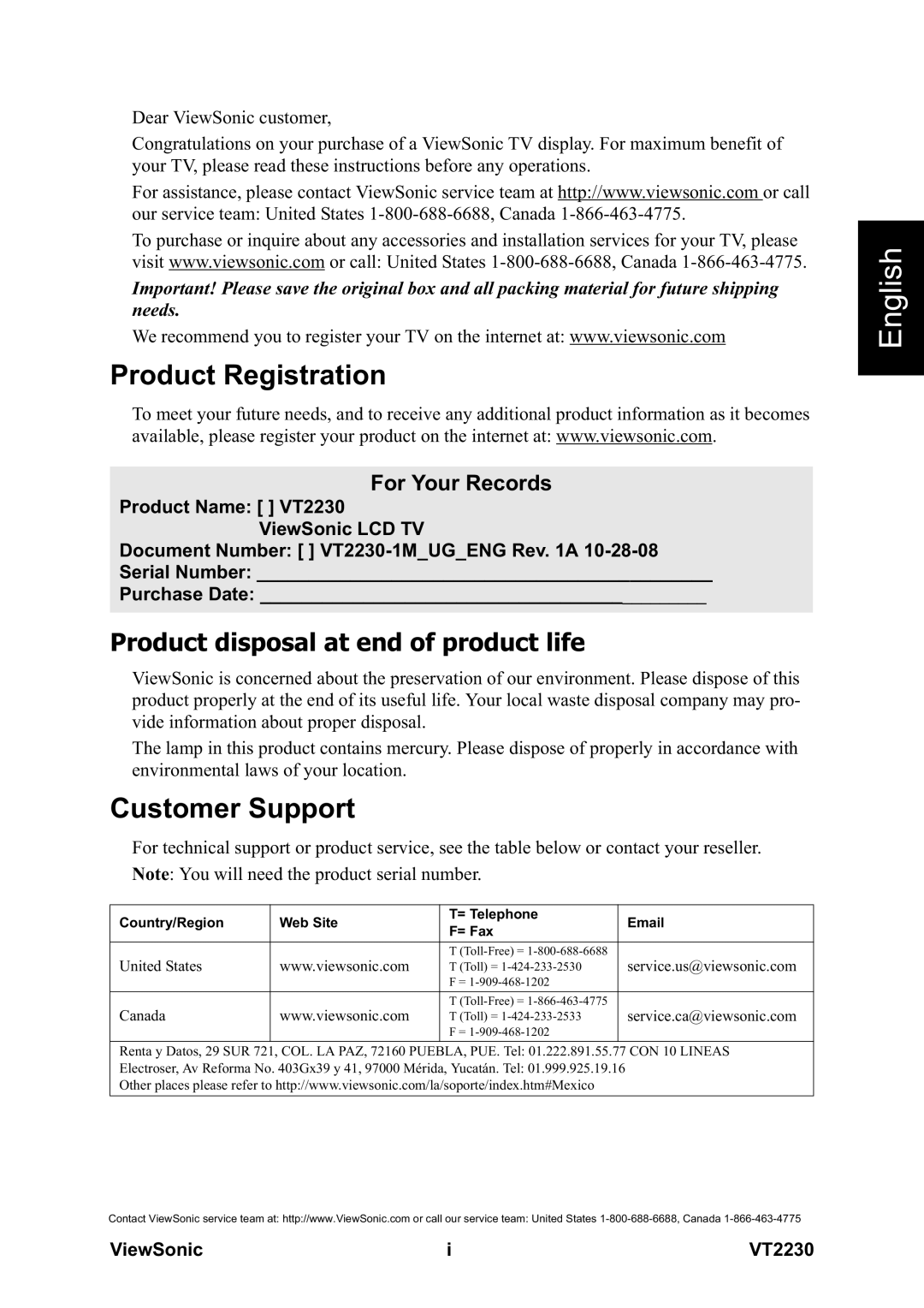 ViewSonic VS12413 warranty Product Registration, Customer Support, ViewSonic, VT2230 