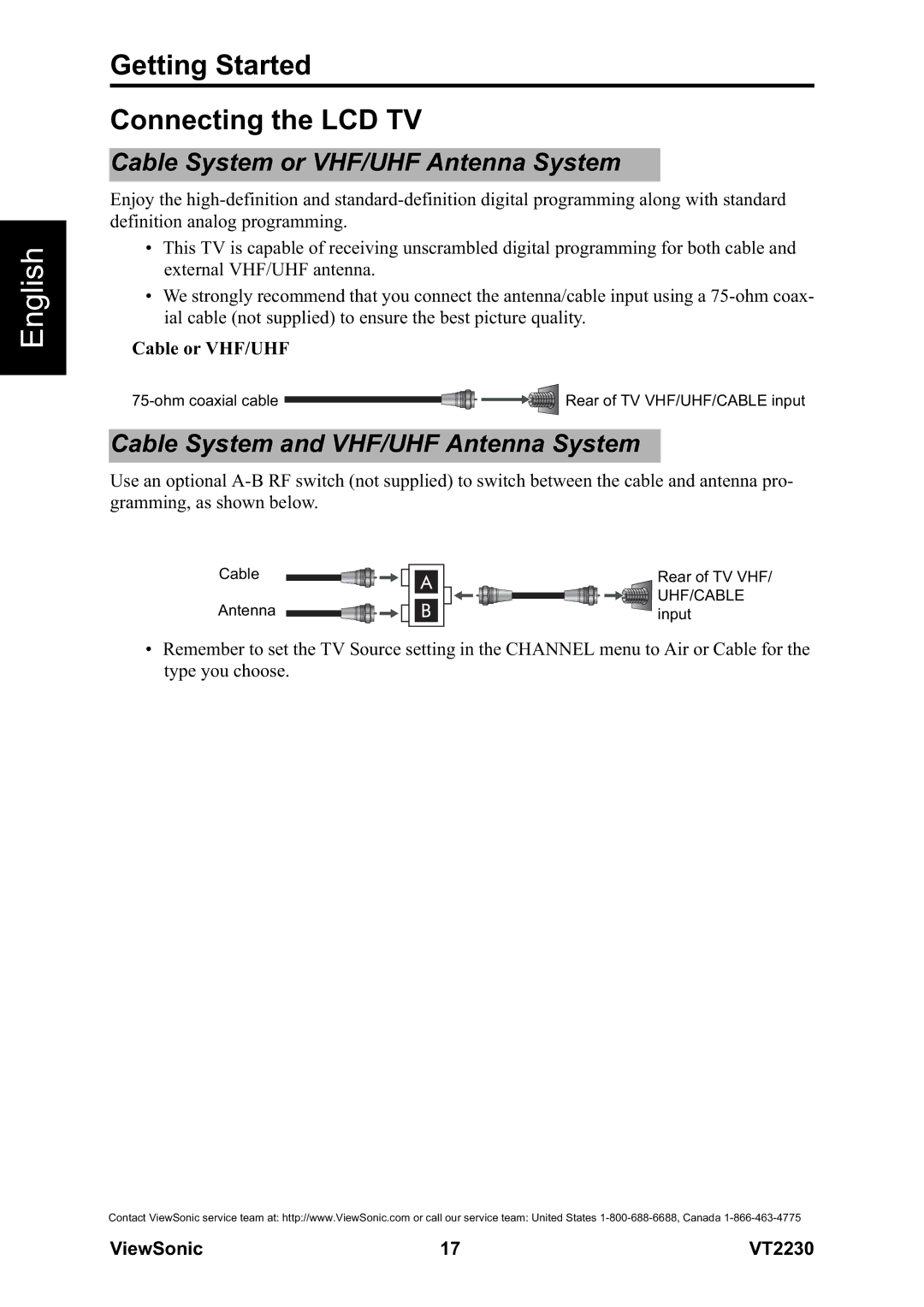 ViewSonic VS12413 warranty Getting Started Connecting the LCD TV, Cable System or VHF/UHF Antenna System, Cable or VHF/UHF 