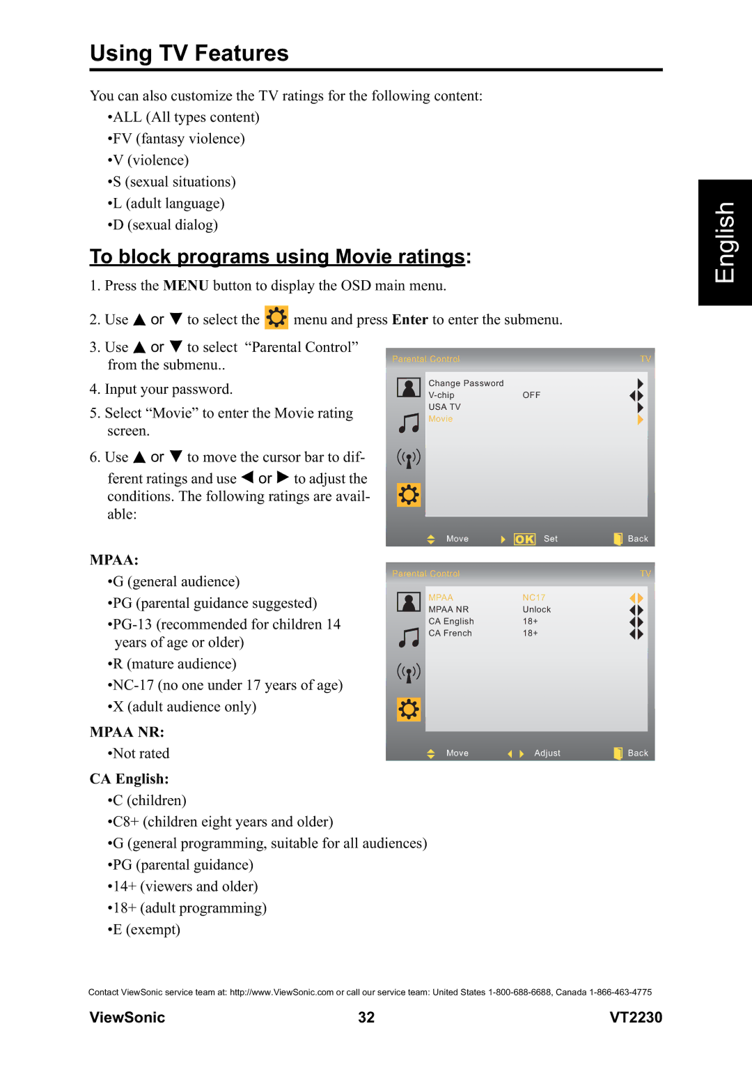 ViewSonic VS12413 warranty To block programs using Movie ratings, CA English 