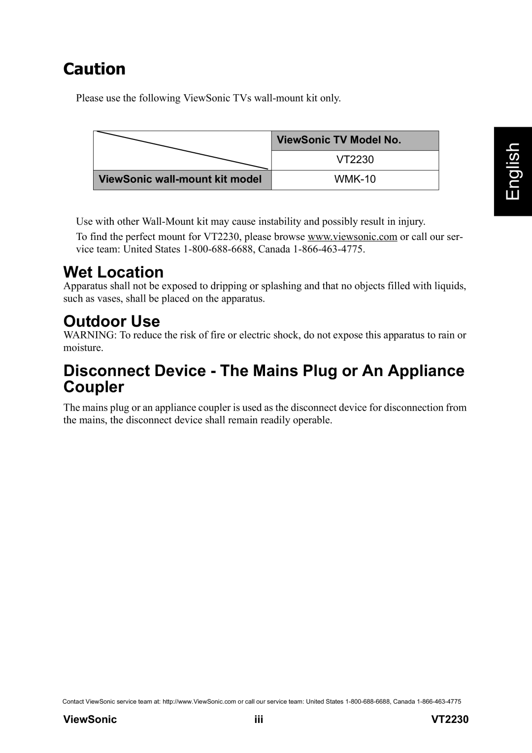 ViewSonic VS12413 Wet Location, ViewSonic TV Model No, VT2230, ViewSonic wall-mount kit model WMK-10, ViewSonic Iii 