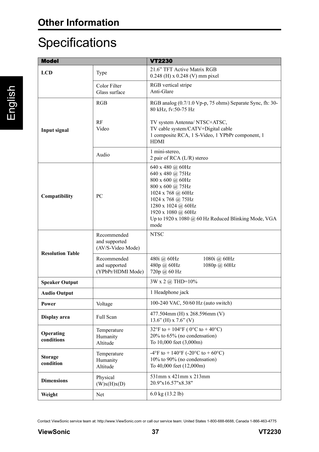 ViewSonic VS12413 warranty Specifications 