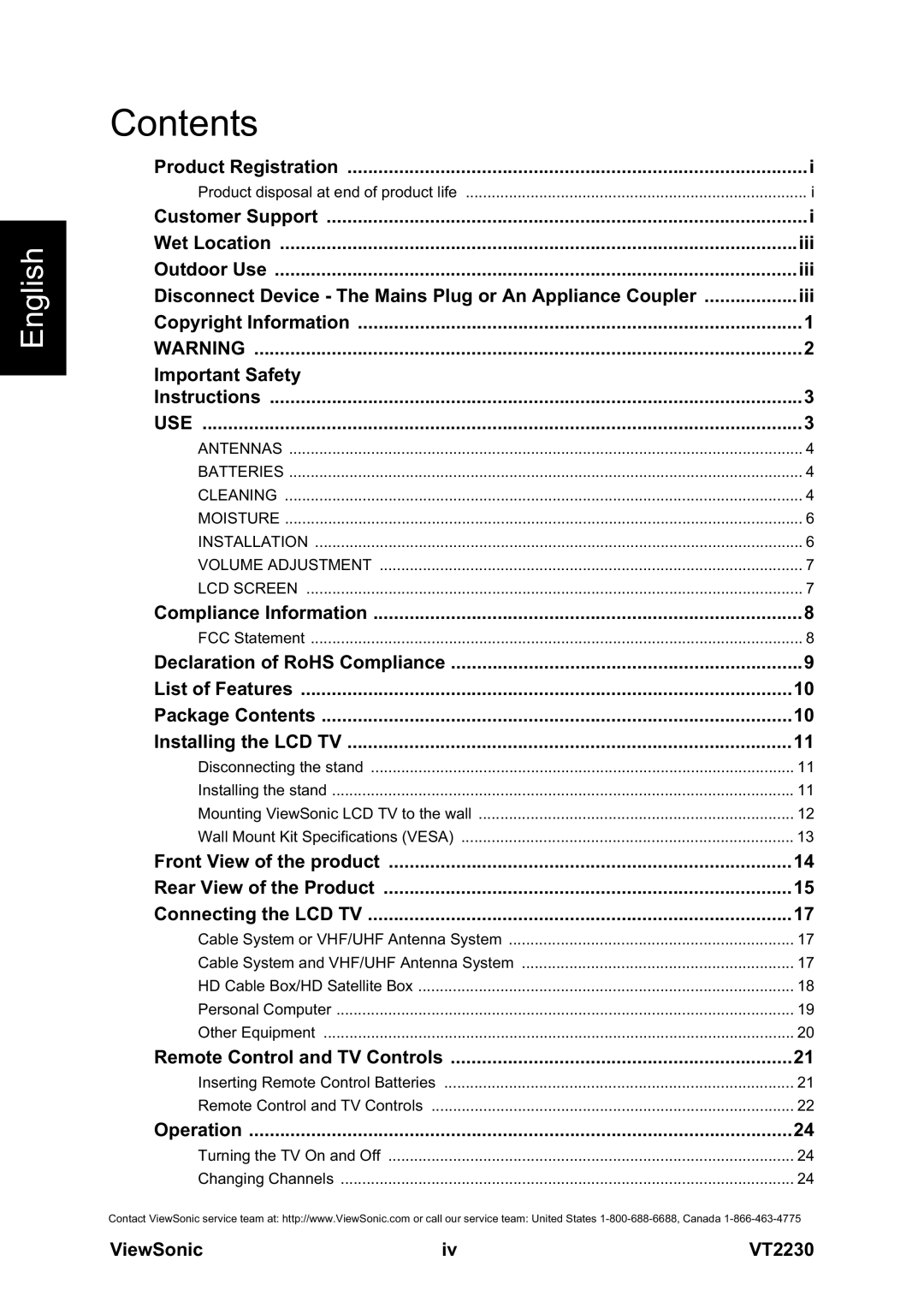 ViewSonic VS12413 warranty Contents 