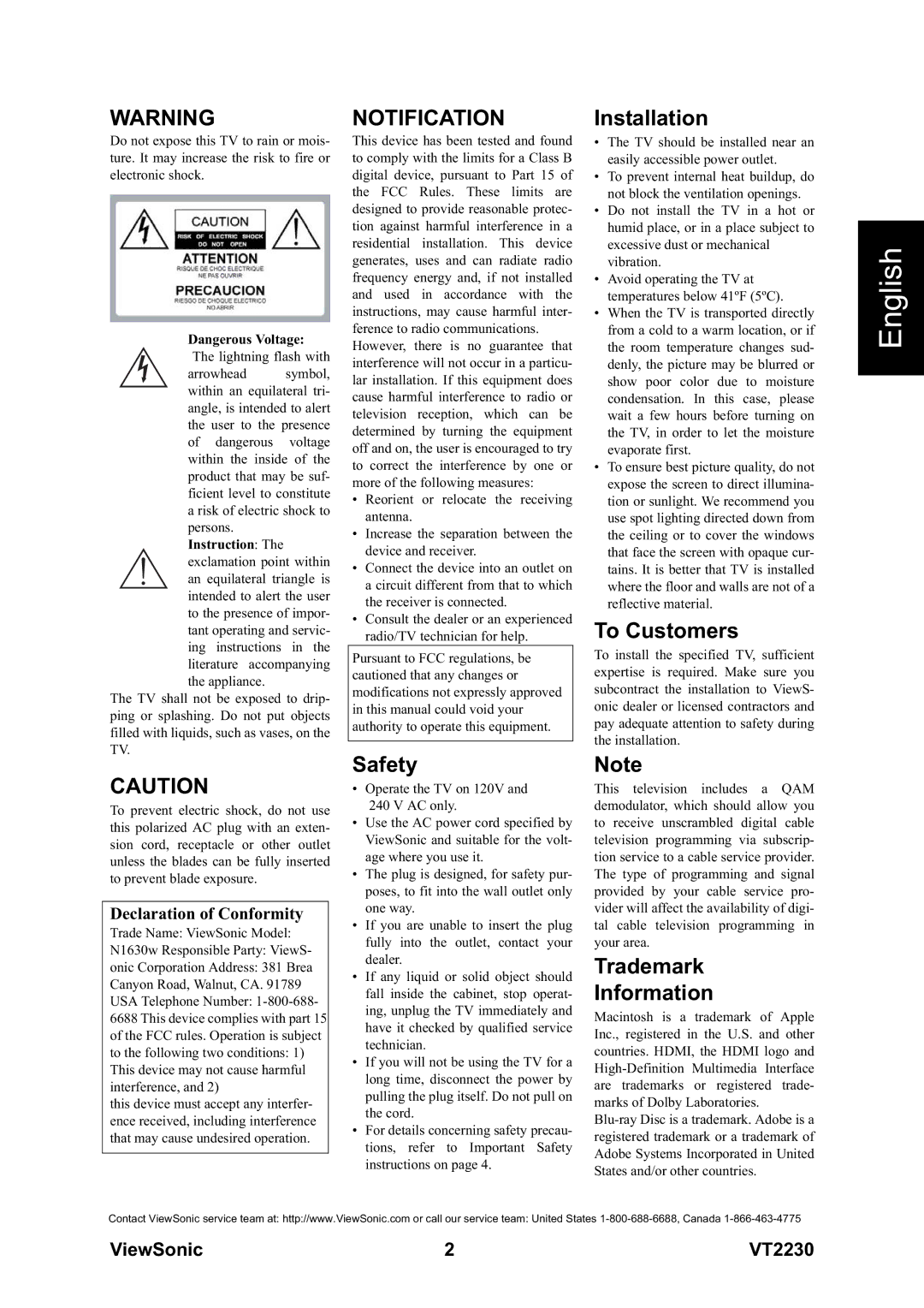 ViewSonic VS12413 warranty Notification, Instruction 